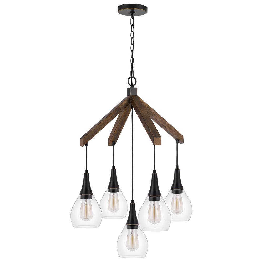 60W X 5 Watkins Rubber Wood Chandelier With Hanging Glass Shades. Picture 1