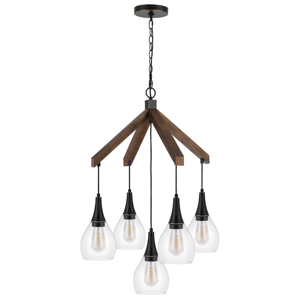 60W X 5 Watkins Rubber Wood Chandelier With Hanging Glass Shades. Picture 5