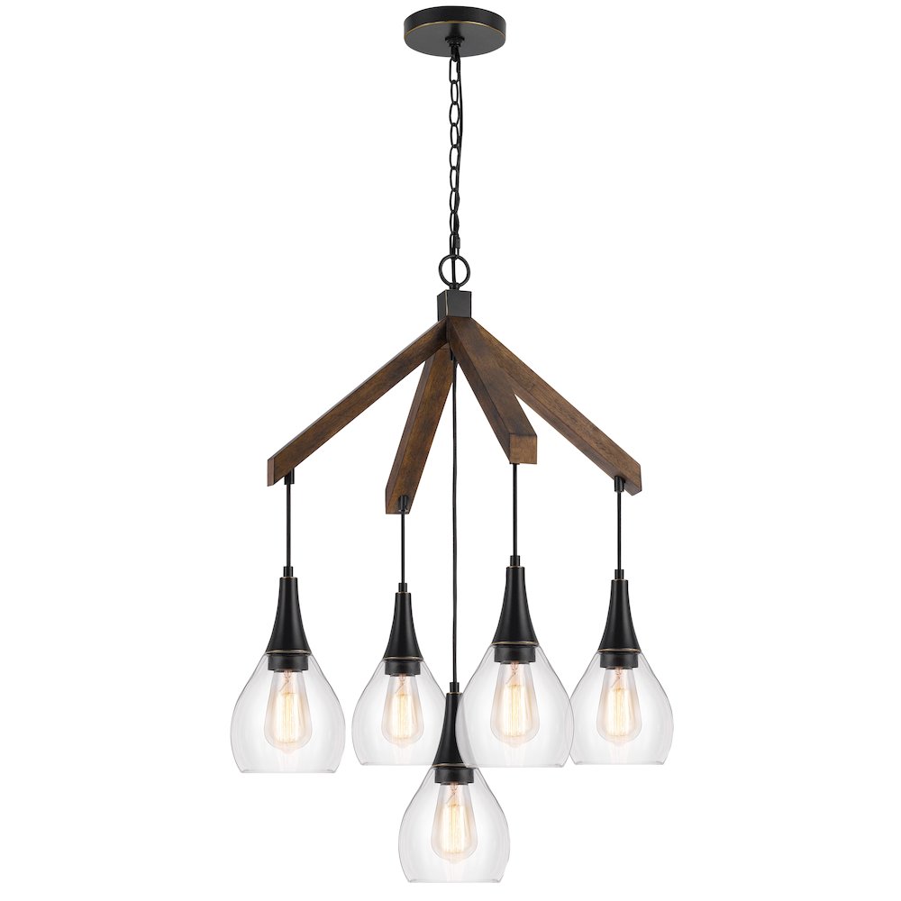 60W X 5 Watkins Rubber Wood Chandelier With Hanging Glass Shades. Picture 1
