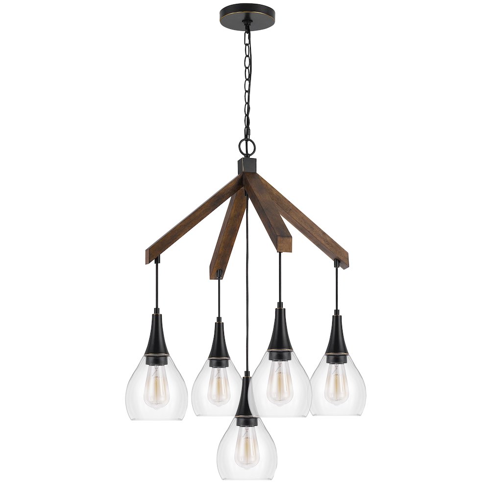 60W X 5 Watkins Rubber Wood Chandelier With Hanging Glass Shades. Picture 2