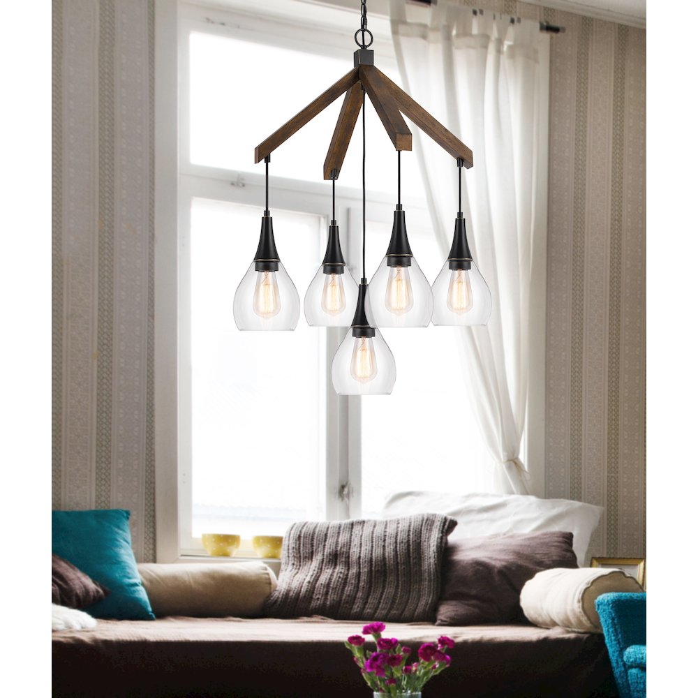60W X 5 Watkins Rubber Wood Chandelier With Hanging Glass Shades. Picture 3