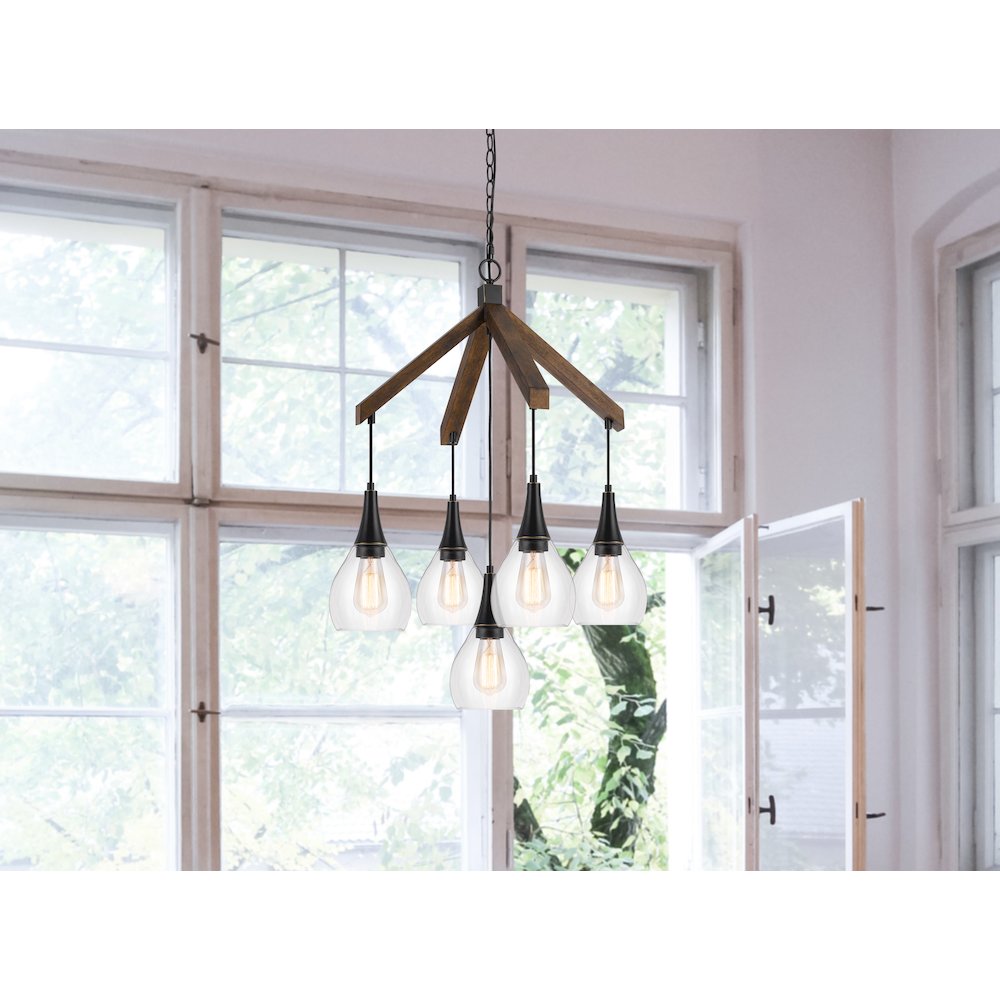 60W X 5 Watkins Rubber Wood Chandelier With Hanging Glass Shades. Picture 4