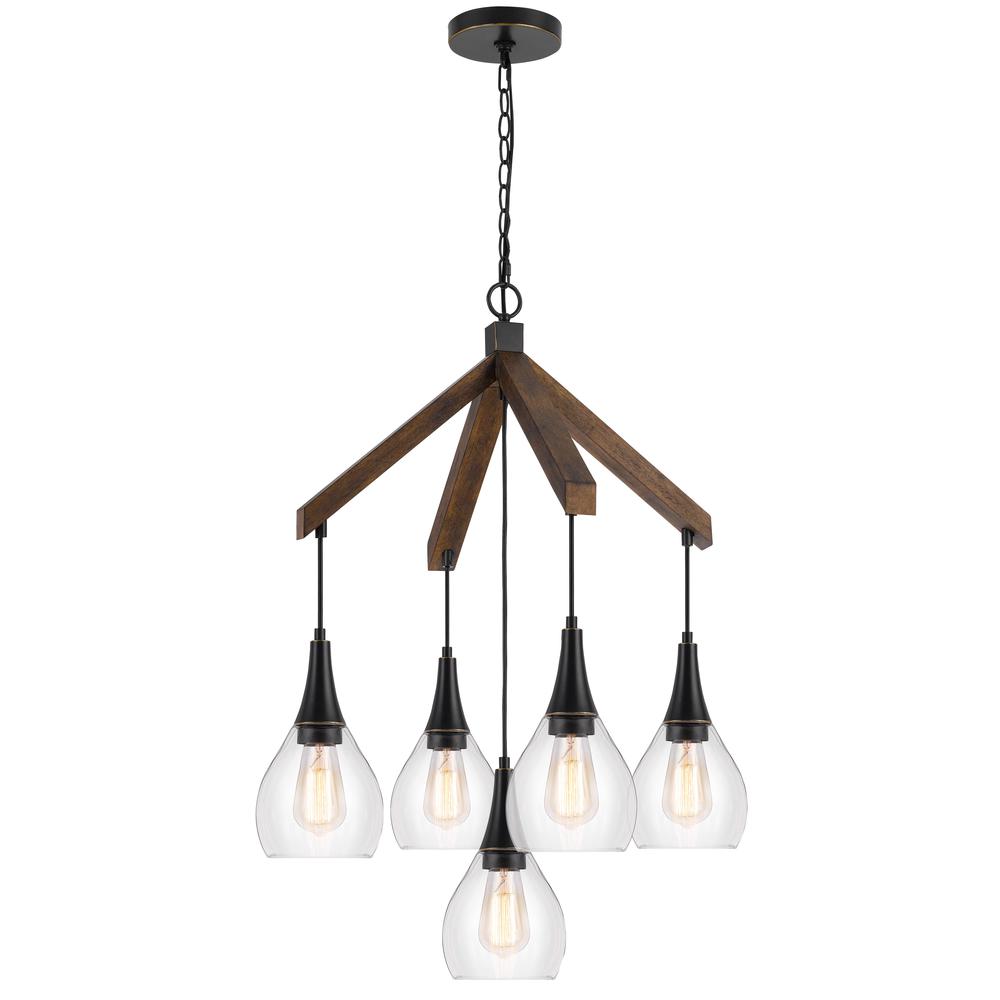 60W X 5 Watkins Rubber Wood Chandelier With Hanging Glass Shades. Picture 2