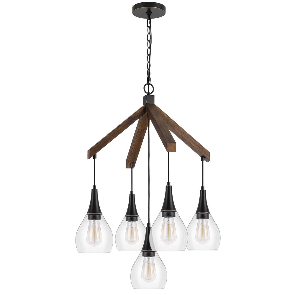 60W X 5 Watkins Rubber Wood Chandelier With Hanging Glass Shades. Picture 3