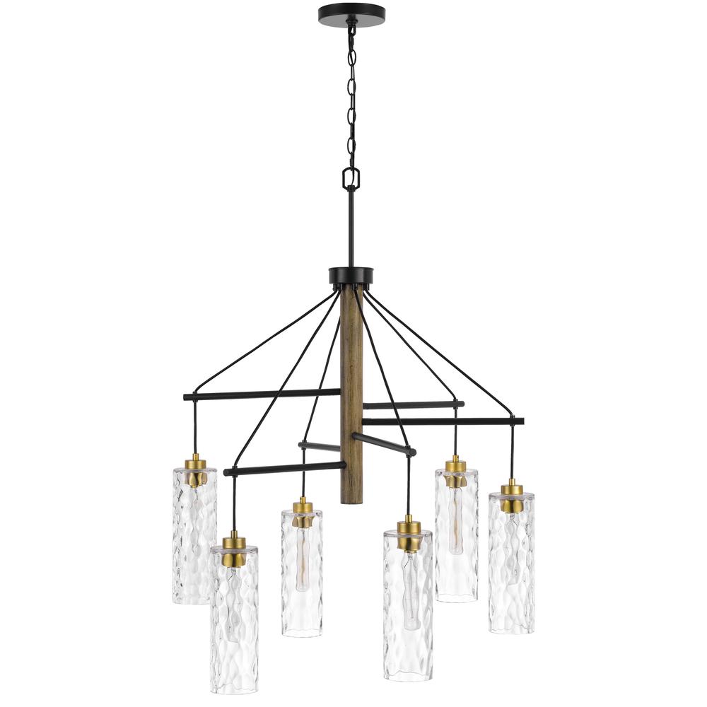 60W X 6 Williston Rubber Wood Chandelier With Hanging Textured Glass Shades. Picture 1