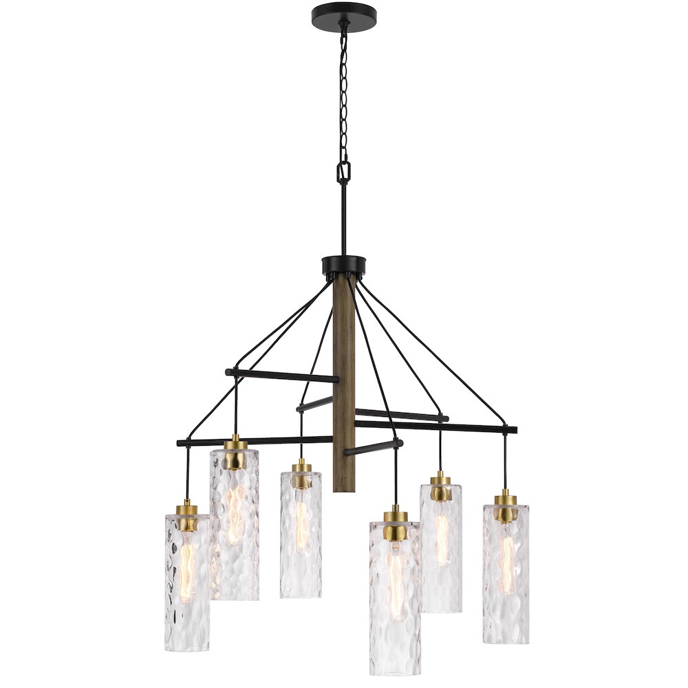 60W X 6 Williston Rubber Wood Chandelier With Hanging Textured Glass Shades. Picture 1