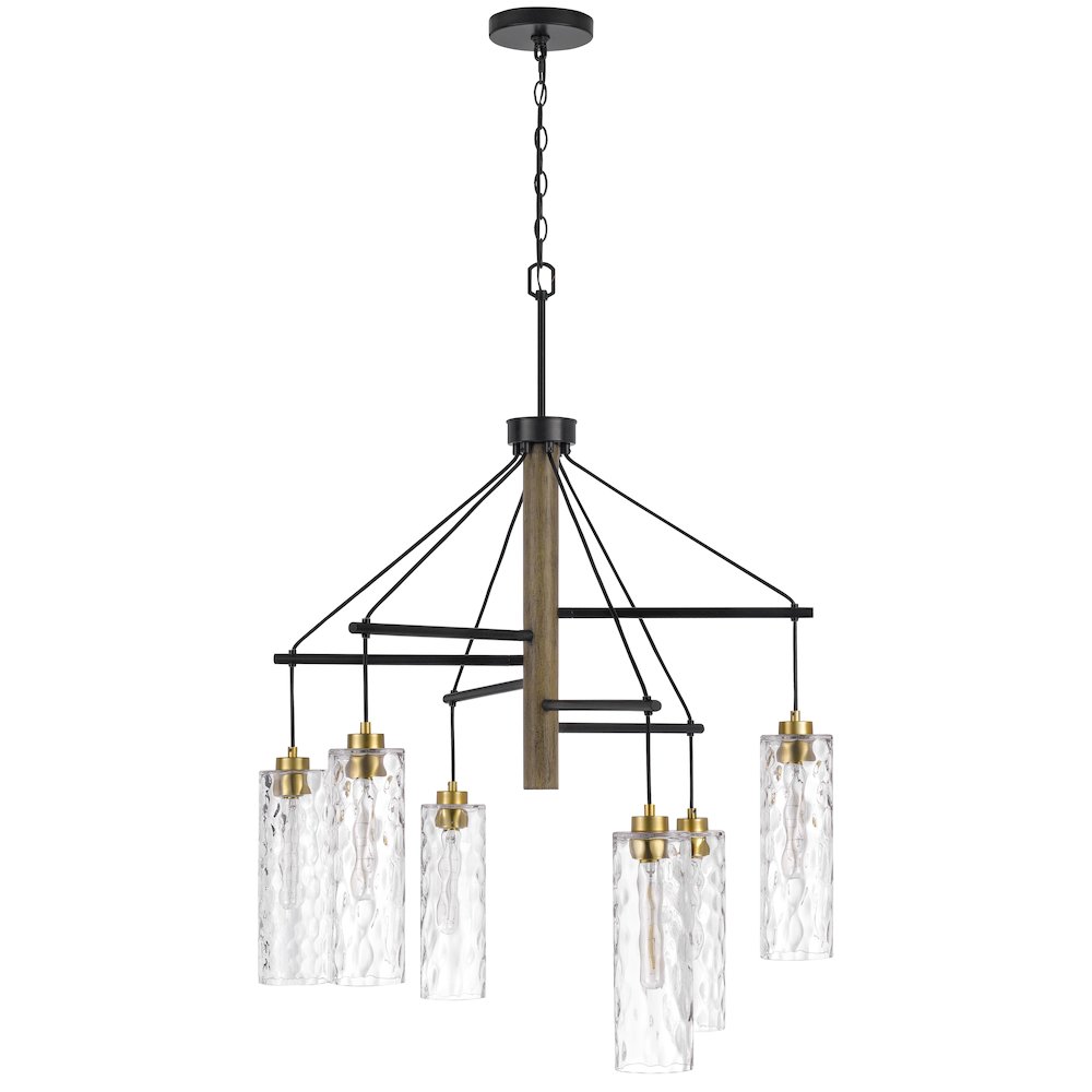 60W X 6 Williston Rubber Wood Chandelier With Hanging Textured Glass Shades. Picture 2