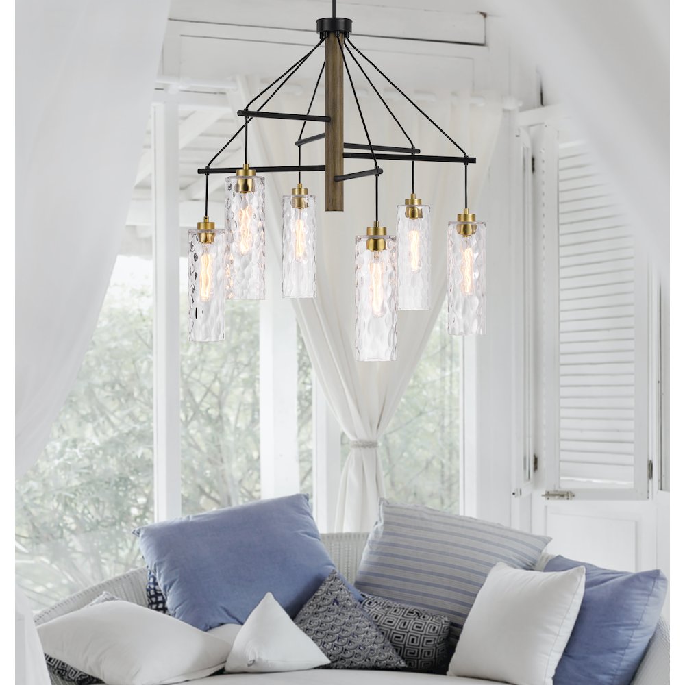 60W X 6 Williston Rubber Wood Chandelier With Hanging Textured Glass Shades. Picture 3