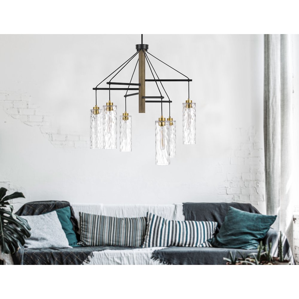 60W X 6 Williston Rubber Wood Chandelier With Hanging Textured Glass Shades. Picture 4
