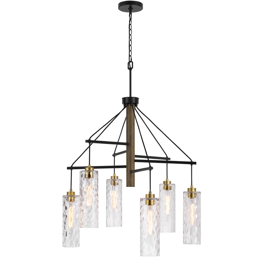 60W X 6 Williston Rubber Wood Chandelier With Hanging Textured Glass Shades. Picture 2