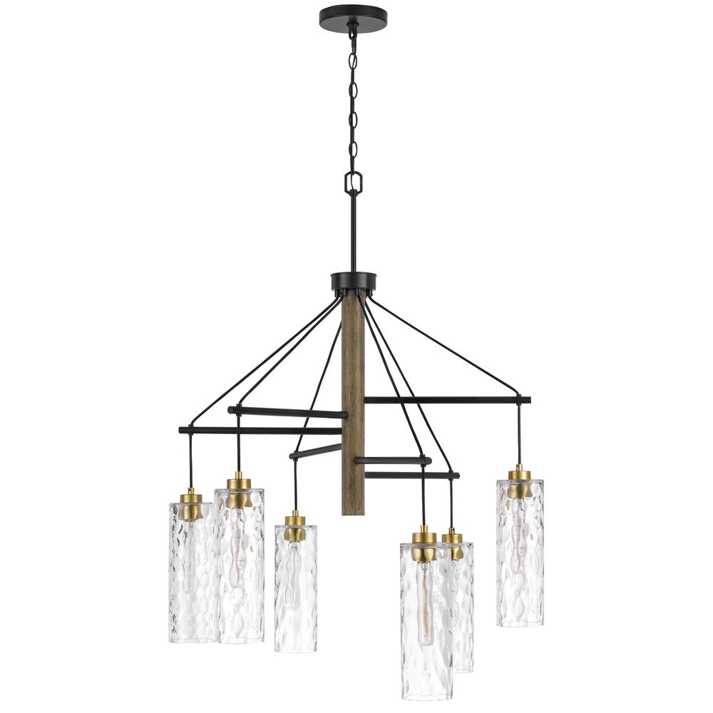 60W X 6 Williston Rubber Wood Chandelier With Hanging Textured Glass Shades. Picture 3