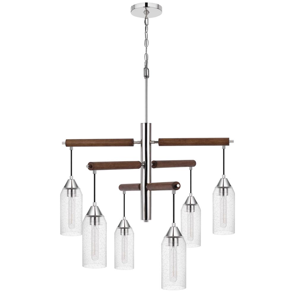 60W X 6 Massillon Rubber Wood Chandelier With Hanging Bulbbed Glass Shades. Picture 1