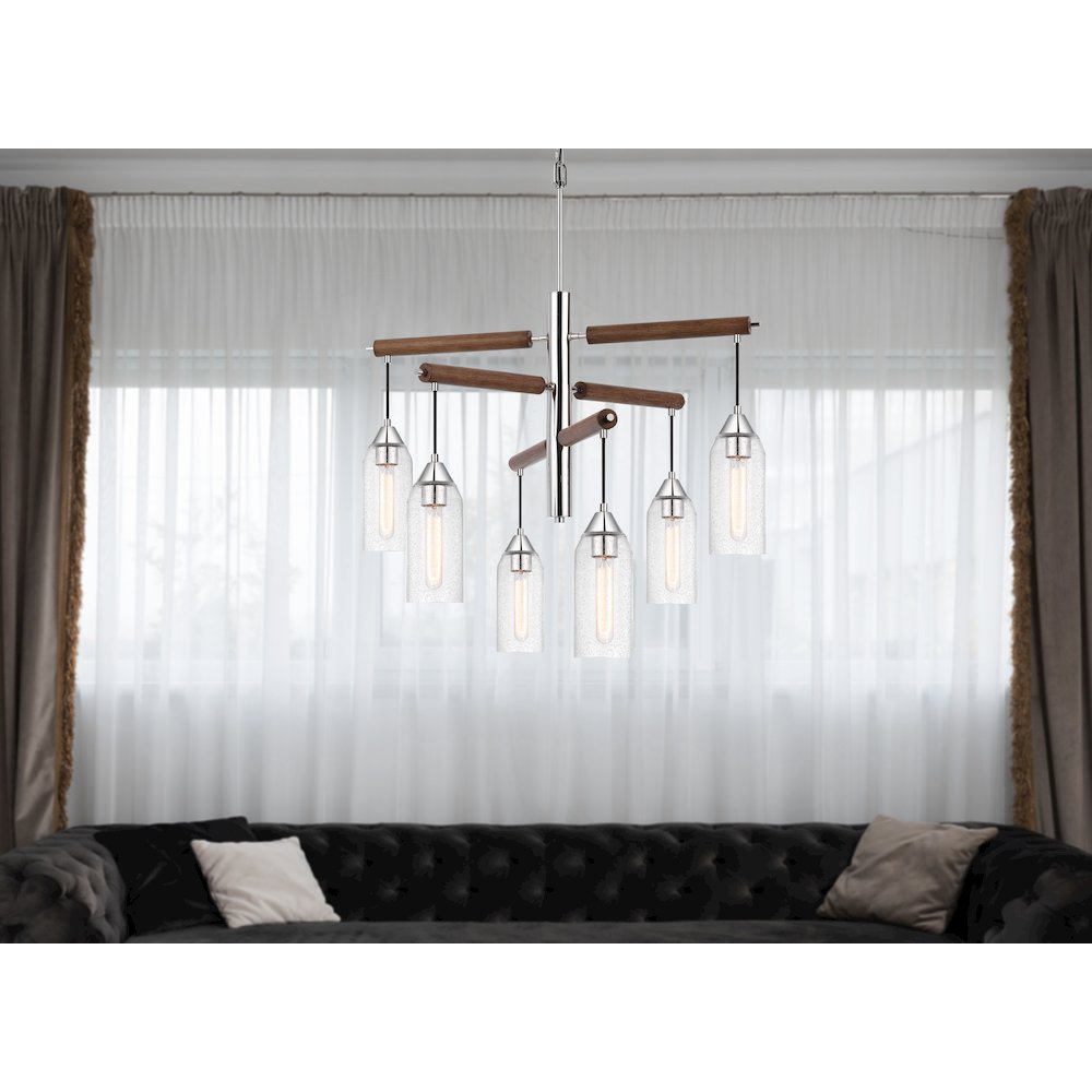 60W X 6 Massillon Rubber Wood Chandelier With Hanging Bulbbed Glass Shades. Picture 3