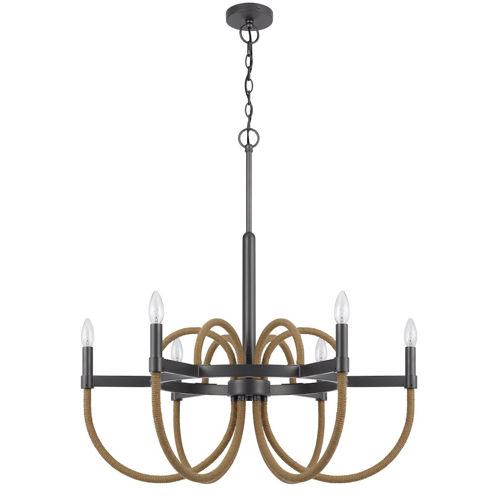 Rowland 60W X 6 Metal/Burlap Roped Chandelier. Picture 1