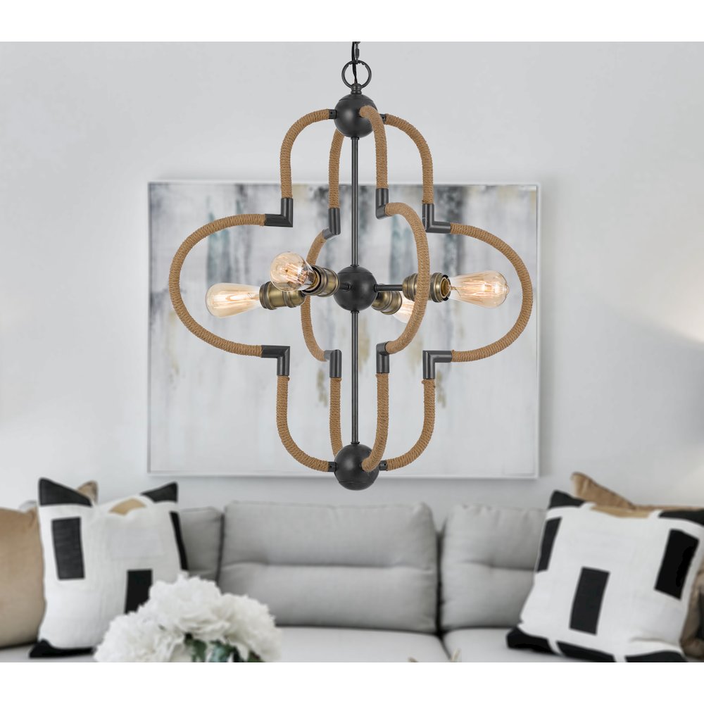 60W x 4 Tahoka metal chandelier with burlap wrapped frame. Picture 3