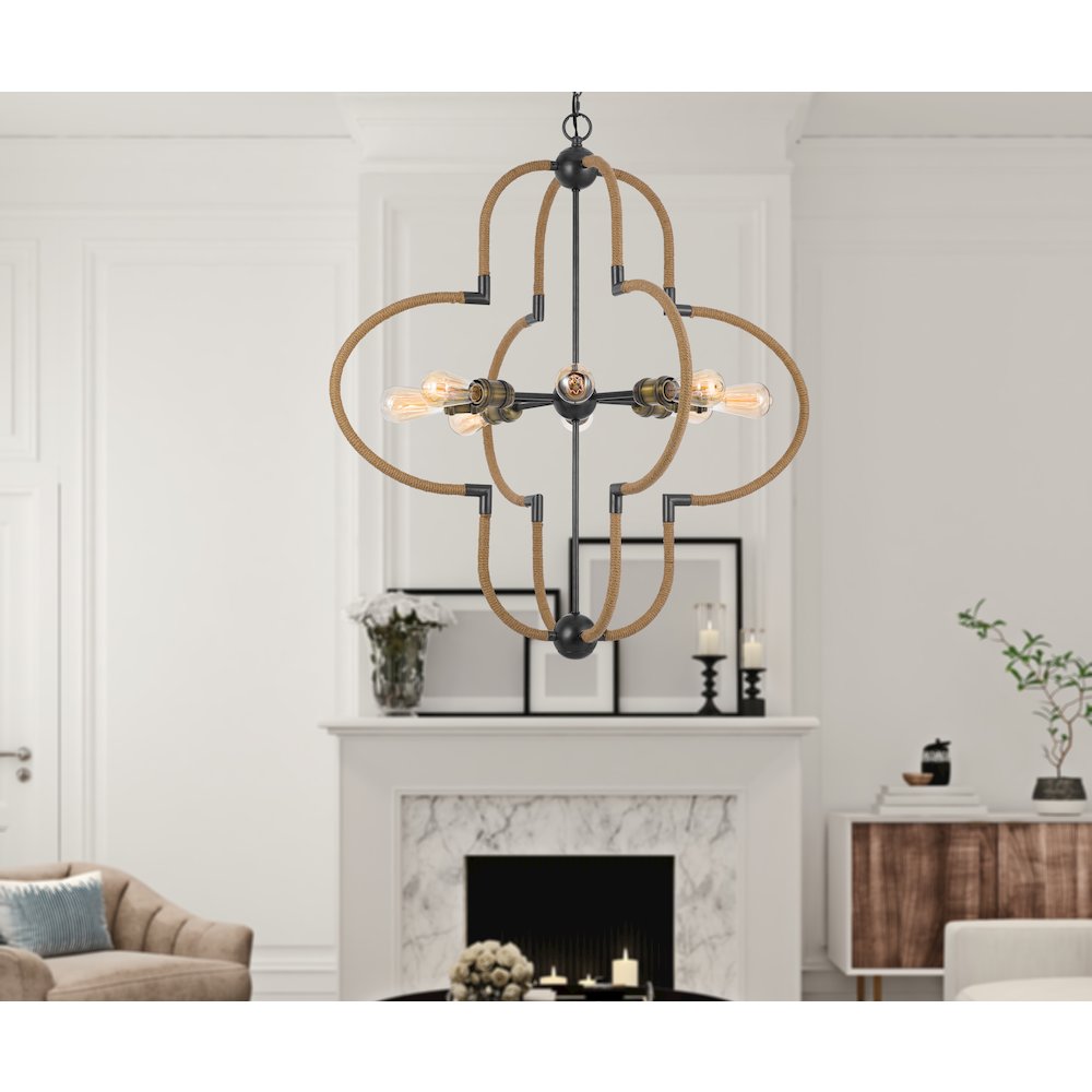 60W x 8 Tahoka metal chandelier with burlap wrapped frame. Picture 4