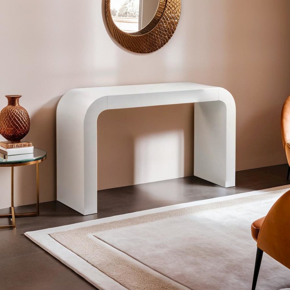 Elegant Curved White Console Table Perfect for Modern Entryways and Decor. Picture 5
