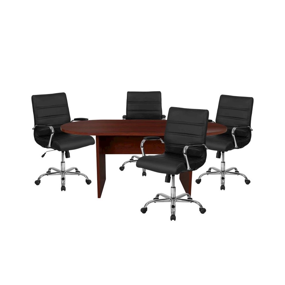 5 Piece Mahogany Oval Conference Table Set with 4 Black and Chrome LeatherSoft Executive Chairs. Picture 1