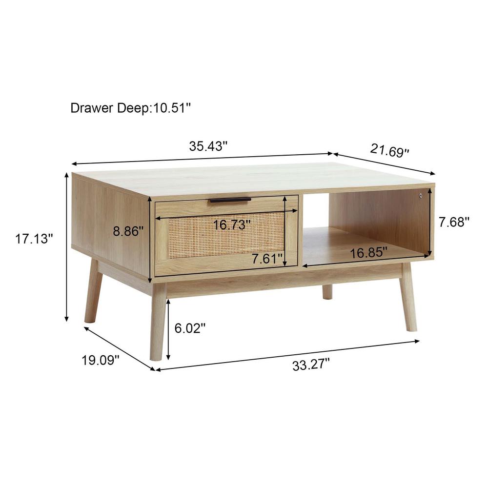 White Oak Finish Wood and Rattan Coffee Table. Picture 8