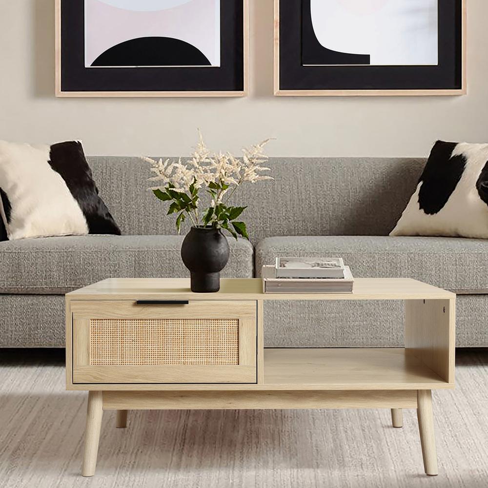 White Oak Finish Wood and Rattan Coffee Table. Picture 10