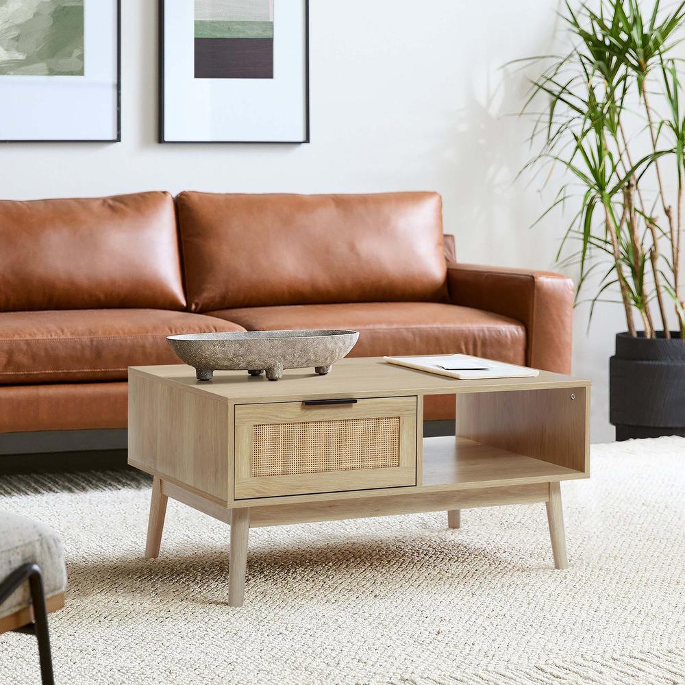 White Oak Finish Wood and Rattan Coffee Table. Picture 12