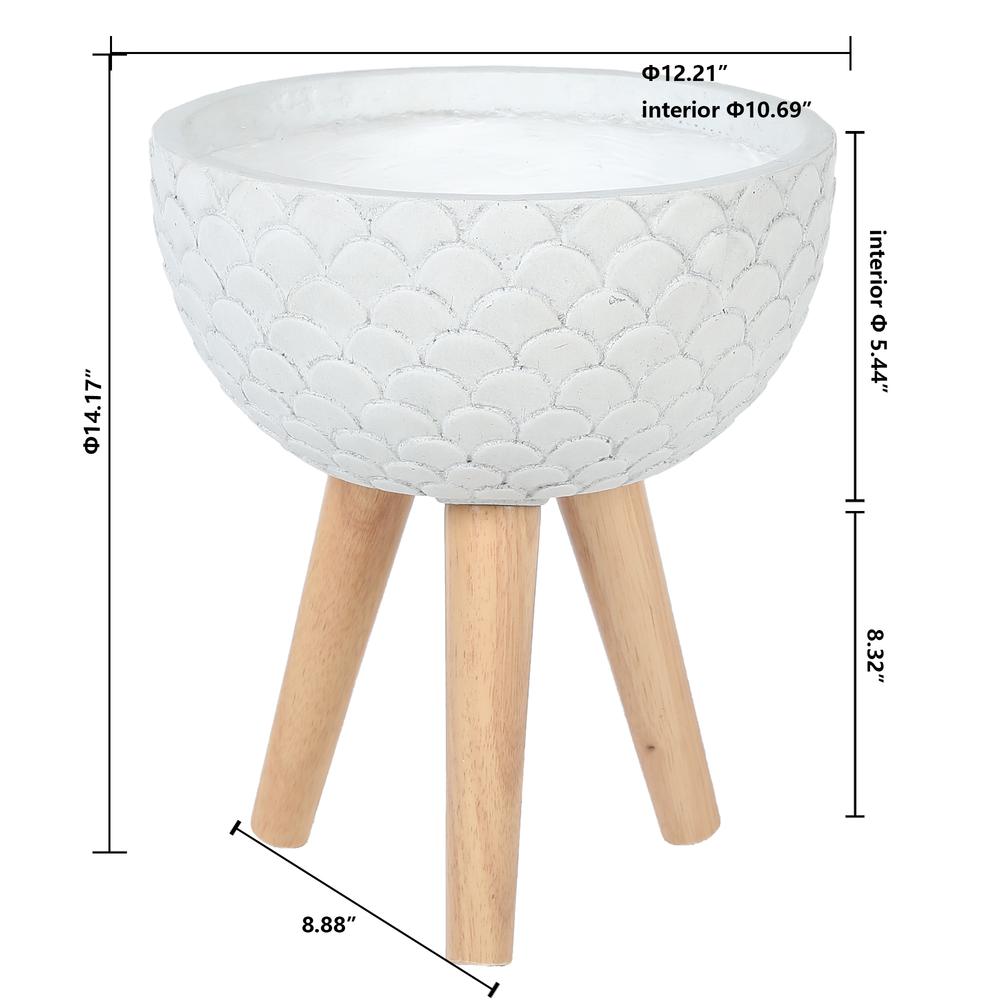 LuxenHome Scallop Embossed White 12.2 in. Round MgO Planter with Wood Legs. Picture 6