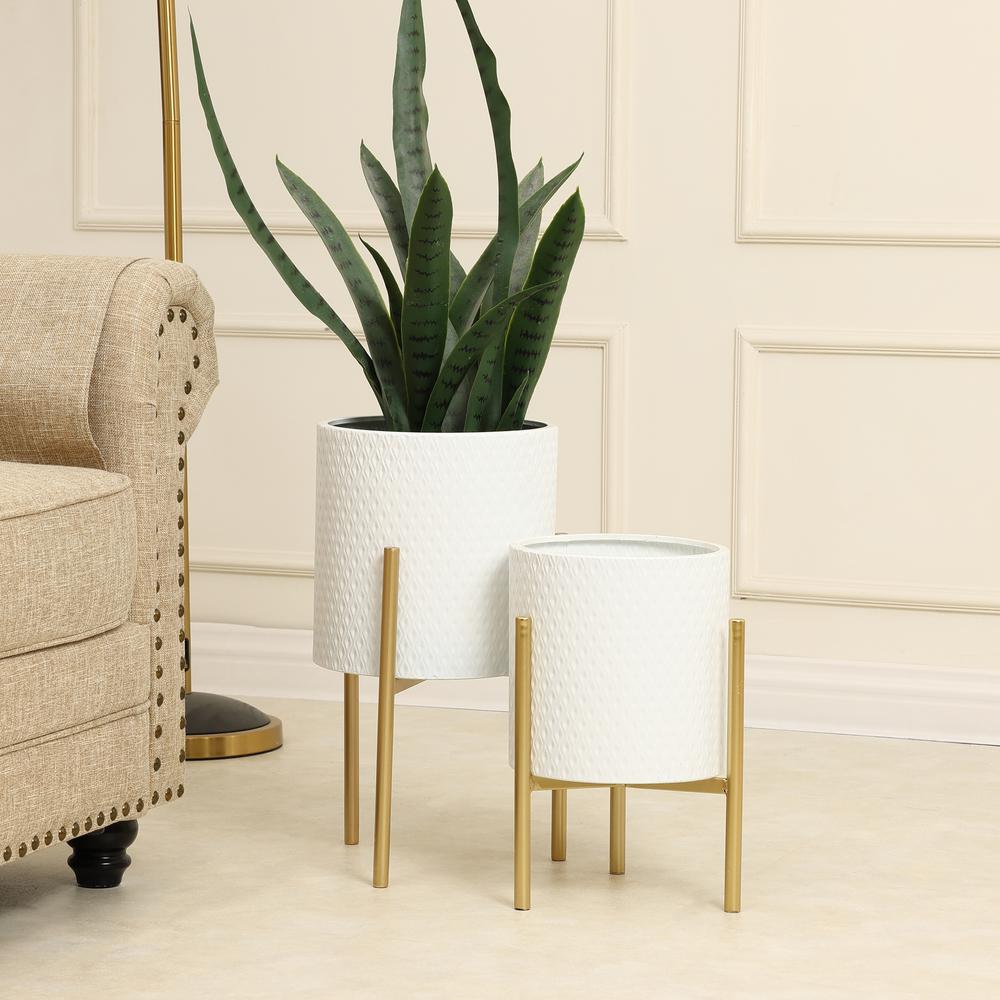 2-Piece White Round Metal Planters and Gold Stand. Picture 9