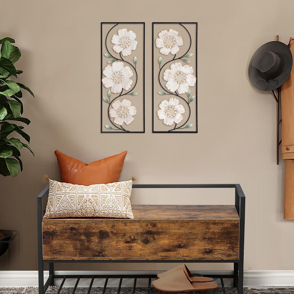 Off White and Gold Magnolia Flowers Black Metal Rectangular Wall Decor, Set of 2. Picture 4
