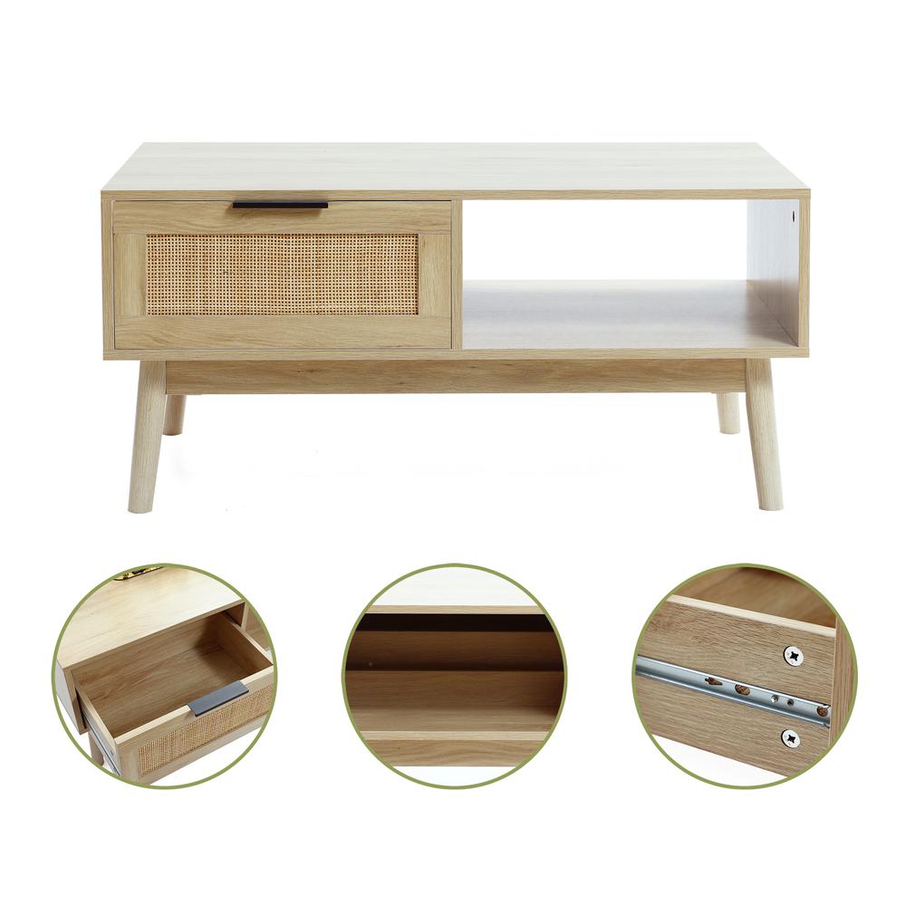 White Oak Finish Wood and Rattan Coffee Table. Picture 4