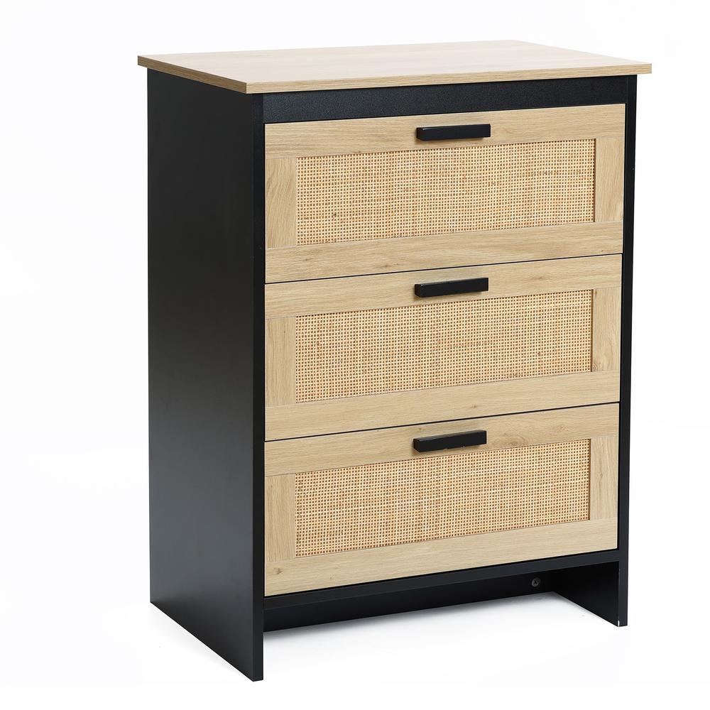 Black and Brown Wood 3-Drawer Rattan Chest. Picture 4
