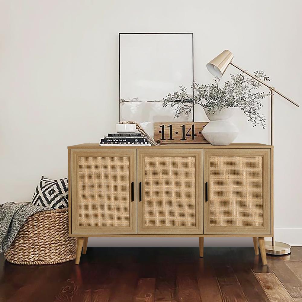 47.2" Wide 3-Door Rattan Light Oak Finish Wood Sideboard Cabinet. Picture 14