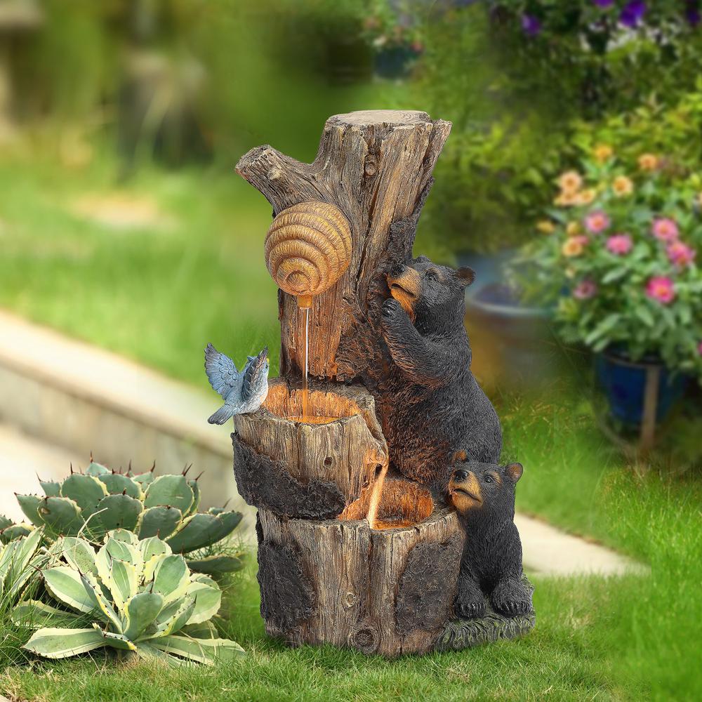 21.9" H Bear and Honey Beehive Tree Resin Outdoor Fountain with LED Lights. Picture 4
