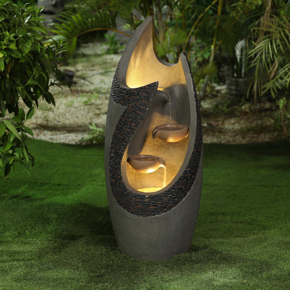 LuxenHome Resin Modern Tiered Patio Fountain with LED Lights. Picture 2