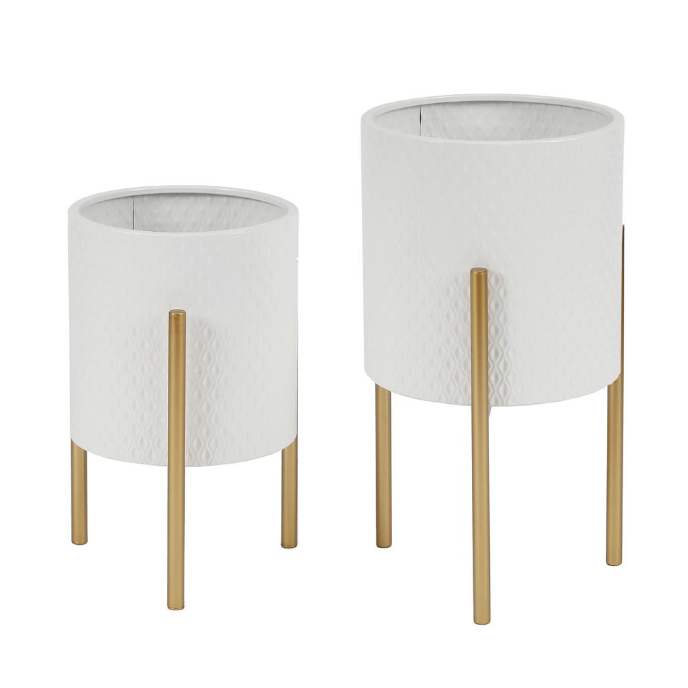 2-Piece White Round Metal Planters and Gold Stand. Picture 1