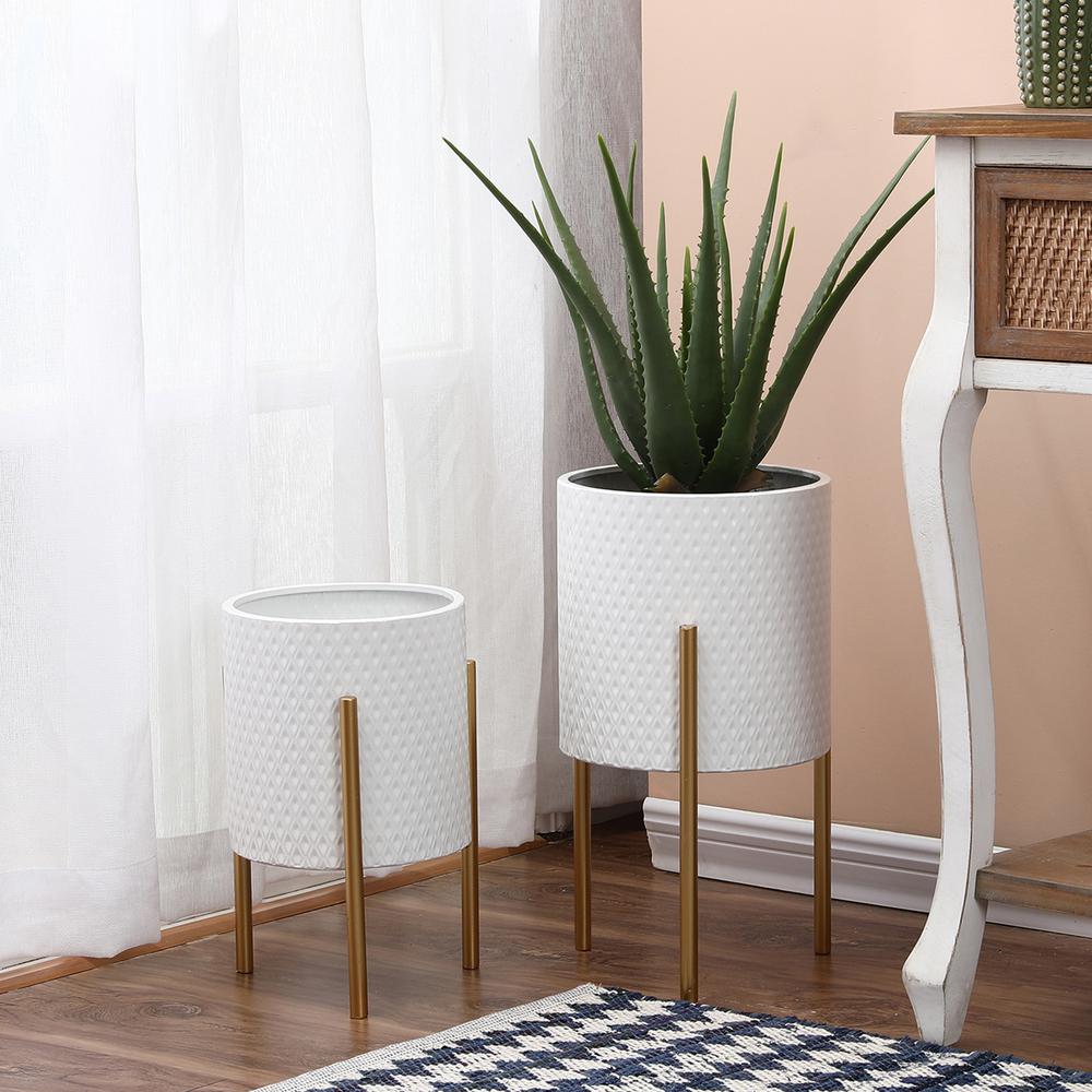2-Piece White Round Metal Planters and Gold Stand. Picture 5