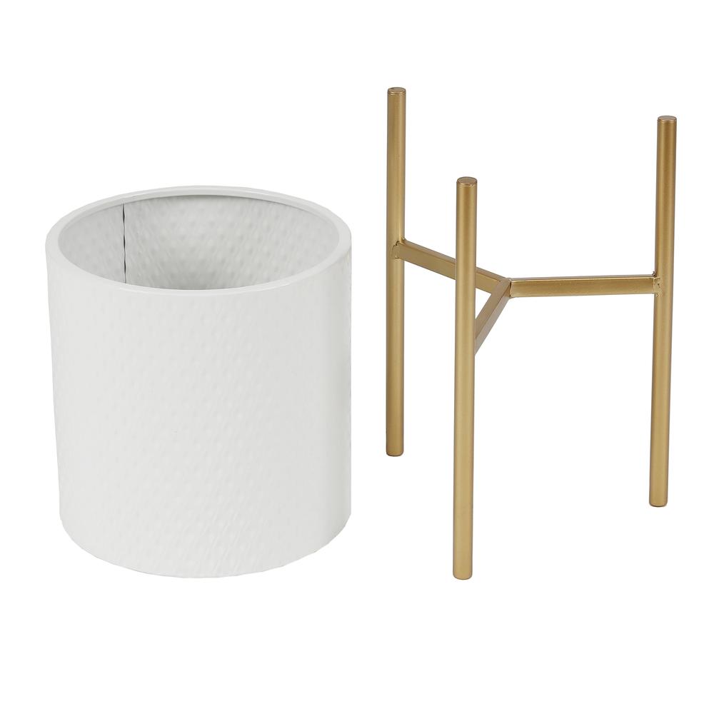 2-Piece White Round Metal Planters and Gold Stand. Picture 2