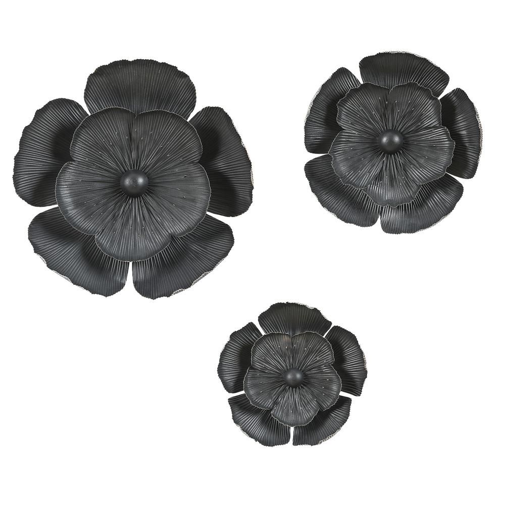 LuxenHome 3-Piece Dark Gray with Gold Metal Flowers Wall Decor Set. Picture 1