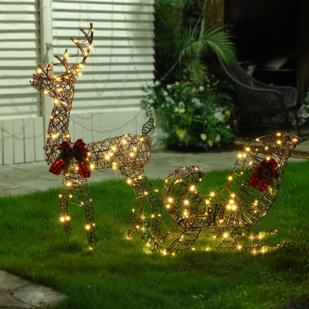 Reindeer and Sleigh Lighted Outdoor Holiday Decoration Set. Picture 3