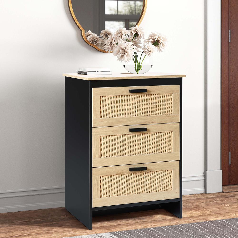 Black and Brown Wood 3-Drawer Rattan Chest. Picture 16