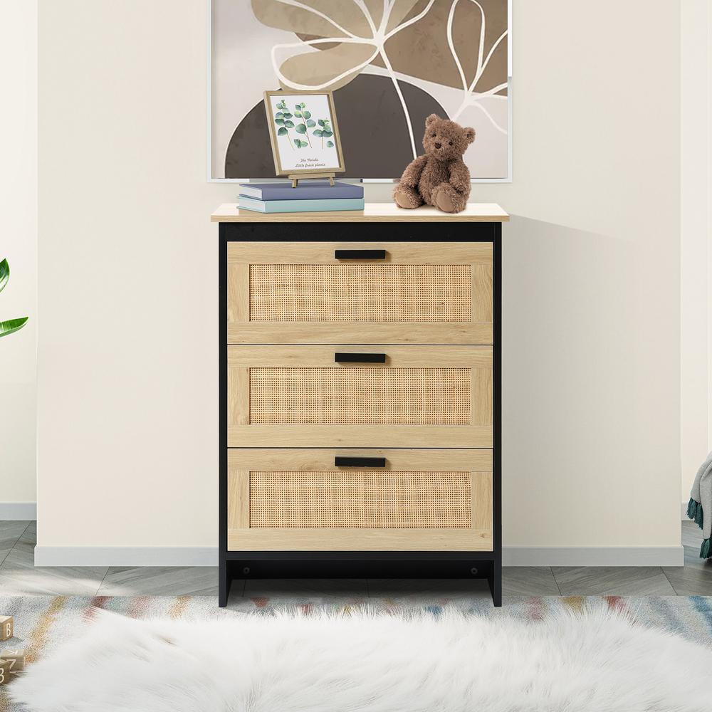 Black and Brown Wood 3-Drawer Rattan Chest. Picture 14