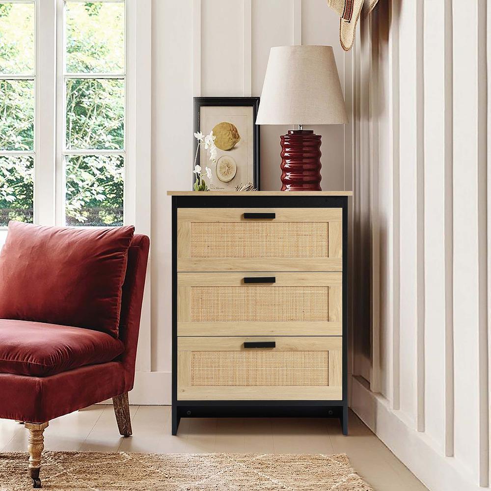 Black and Brown Wood 3-Drawer Rattan Chest. Picture 15