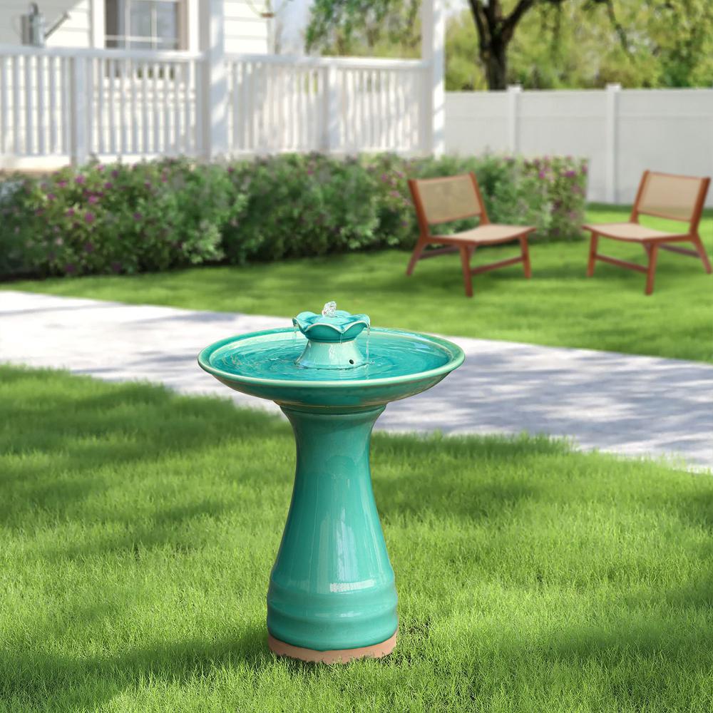 Aqua Glazed Ceramic 22-In Tall Birdbath Fountain. Picture 5