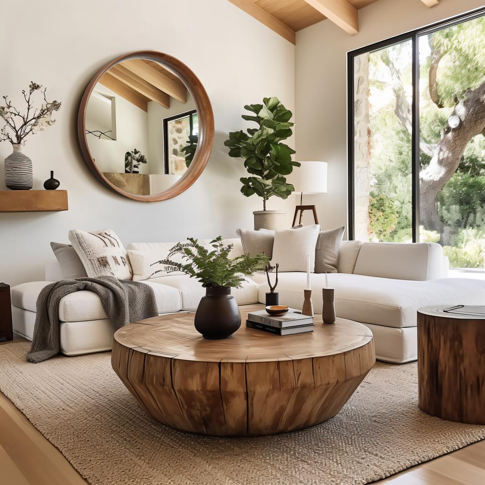 LuxenHome Natural Rubberwood Frame Round Wall Mirror. Picture 8