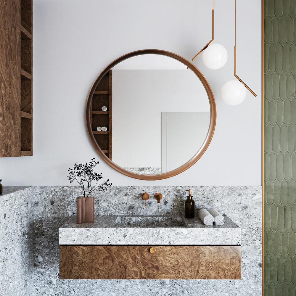LuxenHome Natural Rubberwood Frame Round Wall Mirror. Picture 9