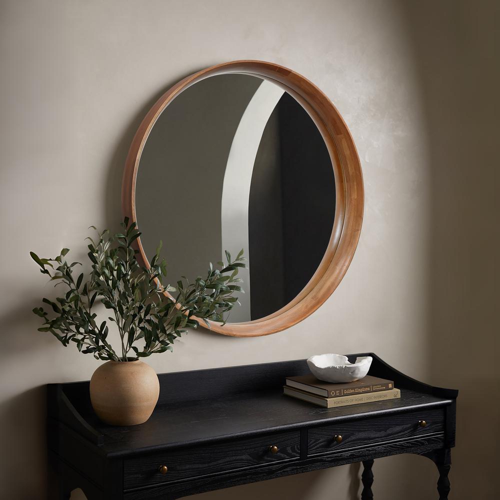 LuxenHome Natural Rubberwood Frame Round Wall Mirror. Picture 6