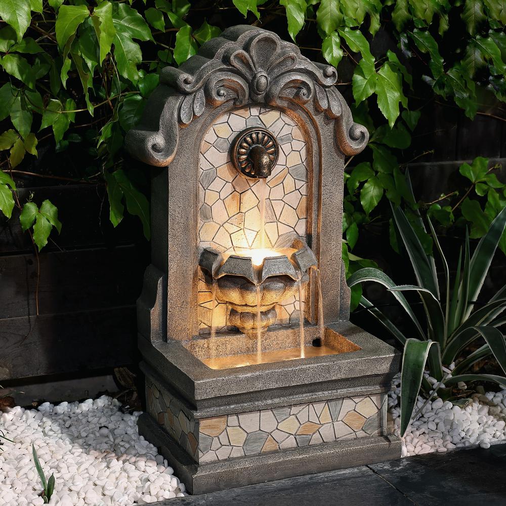 27" H Gray Resin Mosaic Wall Freestanding Outdoor Water Fountain with Lights. Picture 5