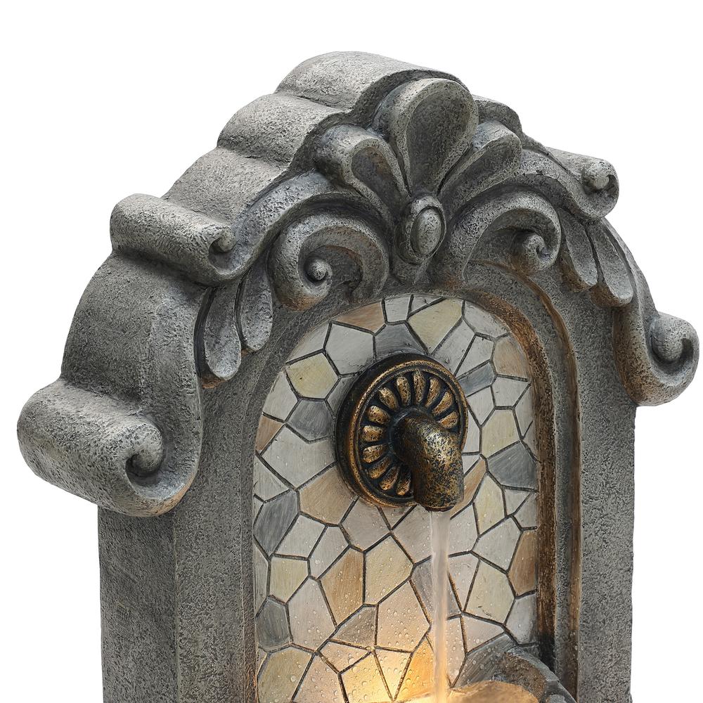 27" H Gray Resin Mosaic Wall Freestanding Outdoor Water Fountain with Lights. Picture 3
