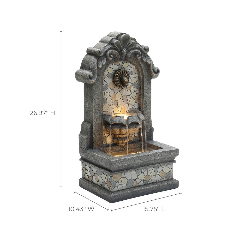 27" H Gray Resin Mosaic Wall Freestanding Outdoor Water Fountain with Lights. Picture 9