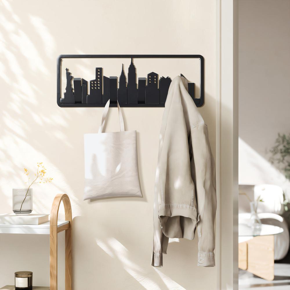 Black Wood 4-Hook Skyscraper Wall-Mounted Coat and Towel Rack. Picture 6