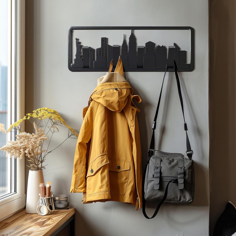 Black Wood 4-Hook Skyscraper Wall-Mounted Coat and Towel Rack. Picture 7